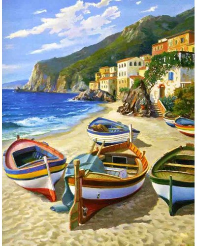 ציור שמן סירות על החוף 